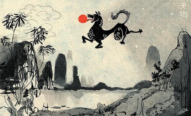 В Корее есть легенда о том, что Солнце и Луну всегда преследуют огненные псы князя Тьмы. Они хотят проглотить их, но успевают только укусить. Эта легенда объясняет...