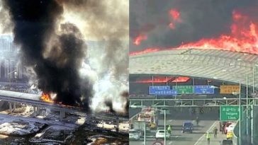 Сильный пожар загнал автомобили в туннель в городе Квачхон