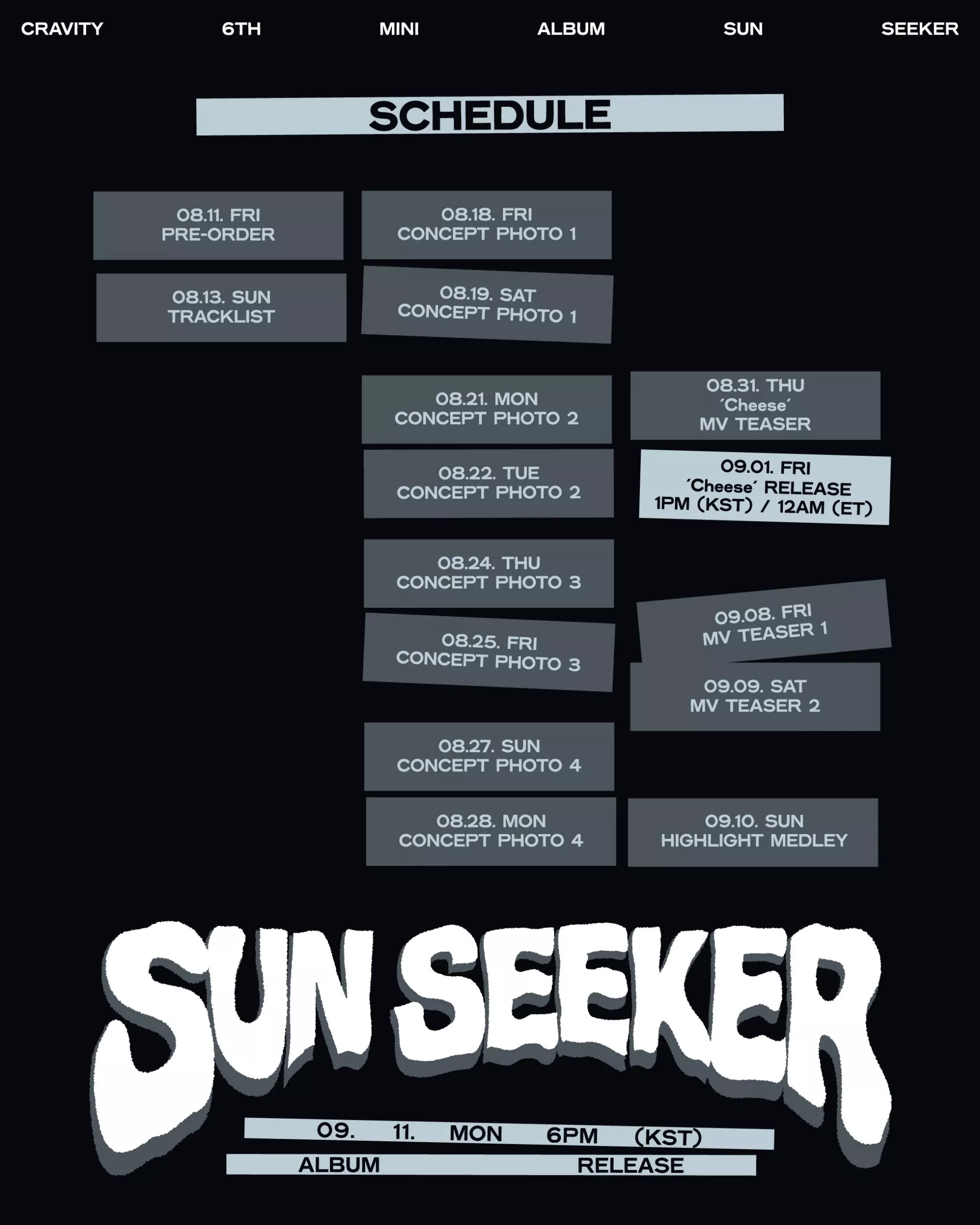 CRAVITY представили график выхода шестого мини-альбома "SUN SEEKER"